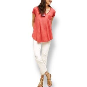 T.La ANTHROPOLOGIE Classic CORAL SHORT SLEEVE LACE-UP SWING TEE TOP